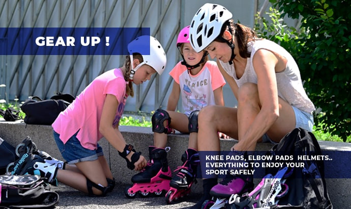 Equip yourself with protections in order to ride safely: knee pads, elbow pads, helmets and protection packs...